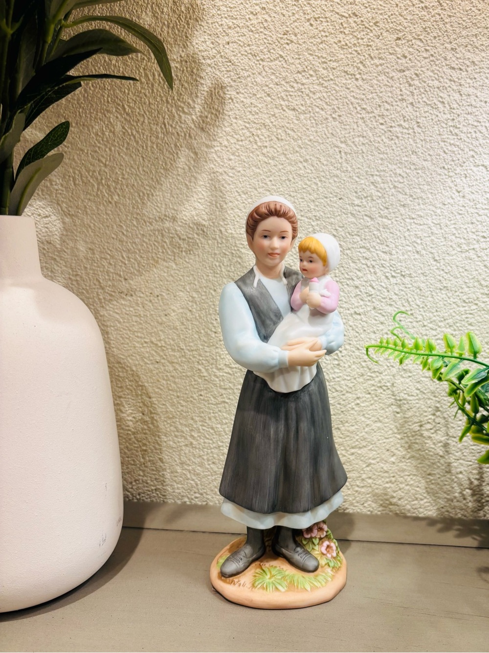 Home Interiors Ceramic Woman Holding Child - White, Gray, Pink